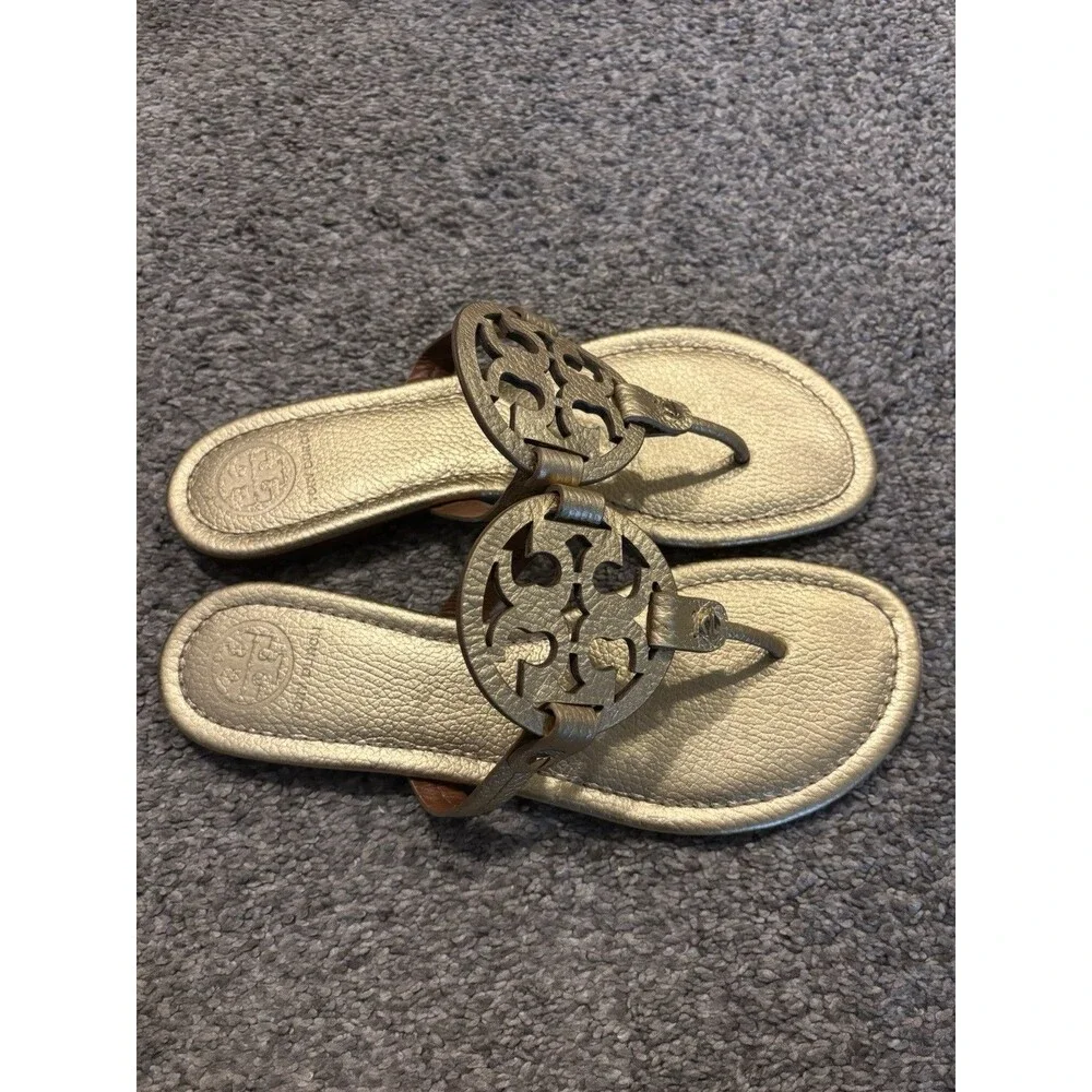 Tory Burch Miller Metallic Gold Pebbled Leather Sandals Size 9.5